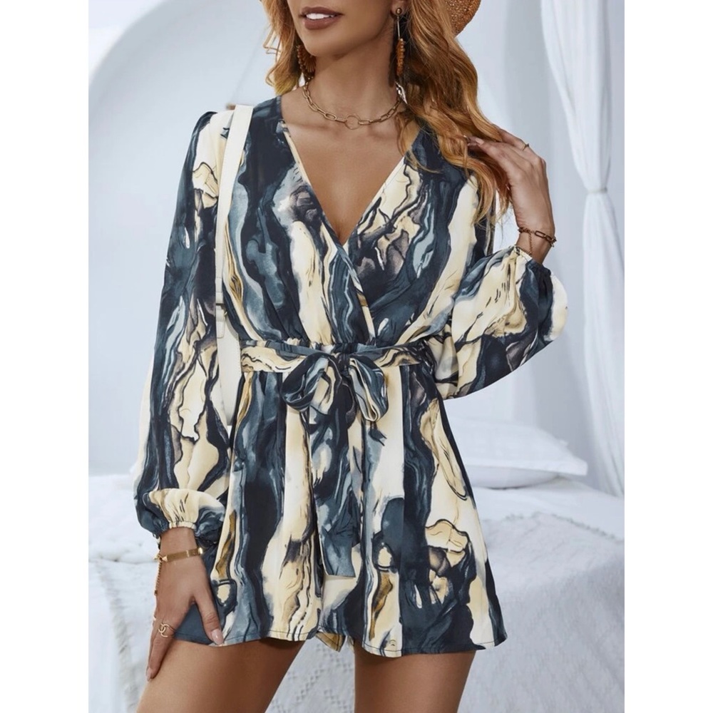 Marble Surplice Neck Belted Romper (XL-12) - Picture 1 of 11